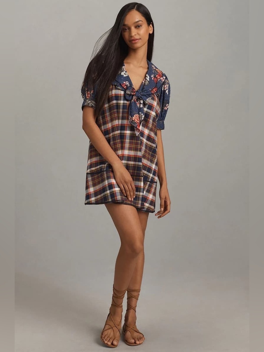 Anthropologie Pilcro Floral Plaid Mixed Media Bow Cotton Tunic Mini Dress M